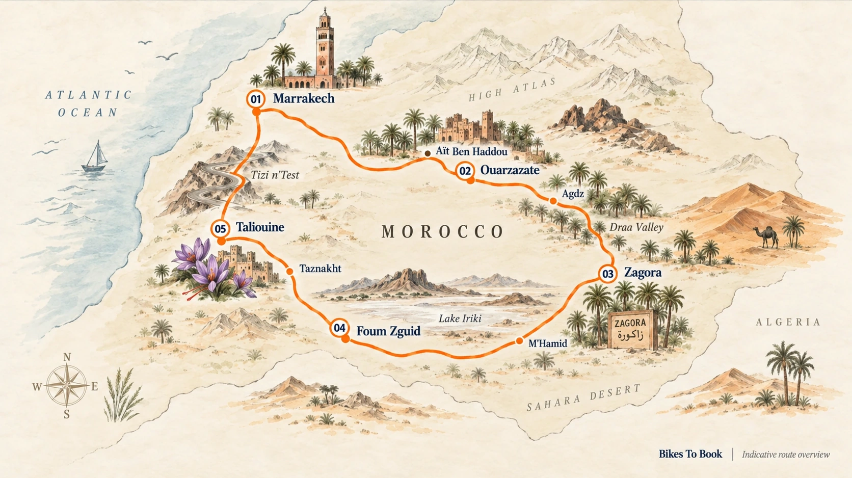 Illustrated map of the 5-Day Atlas, Zagora and Lake Iriki motorcycle tour in Morocco